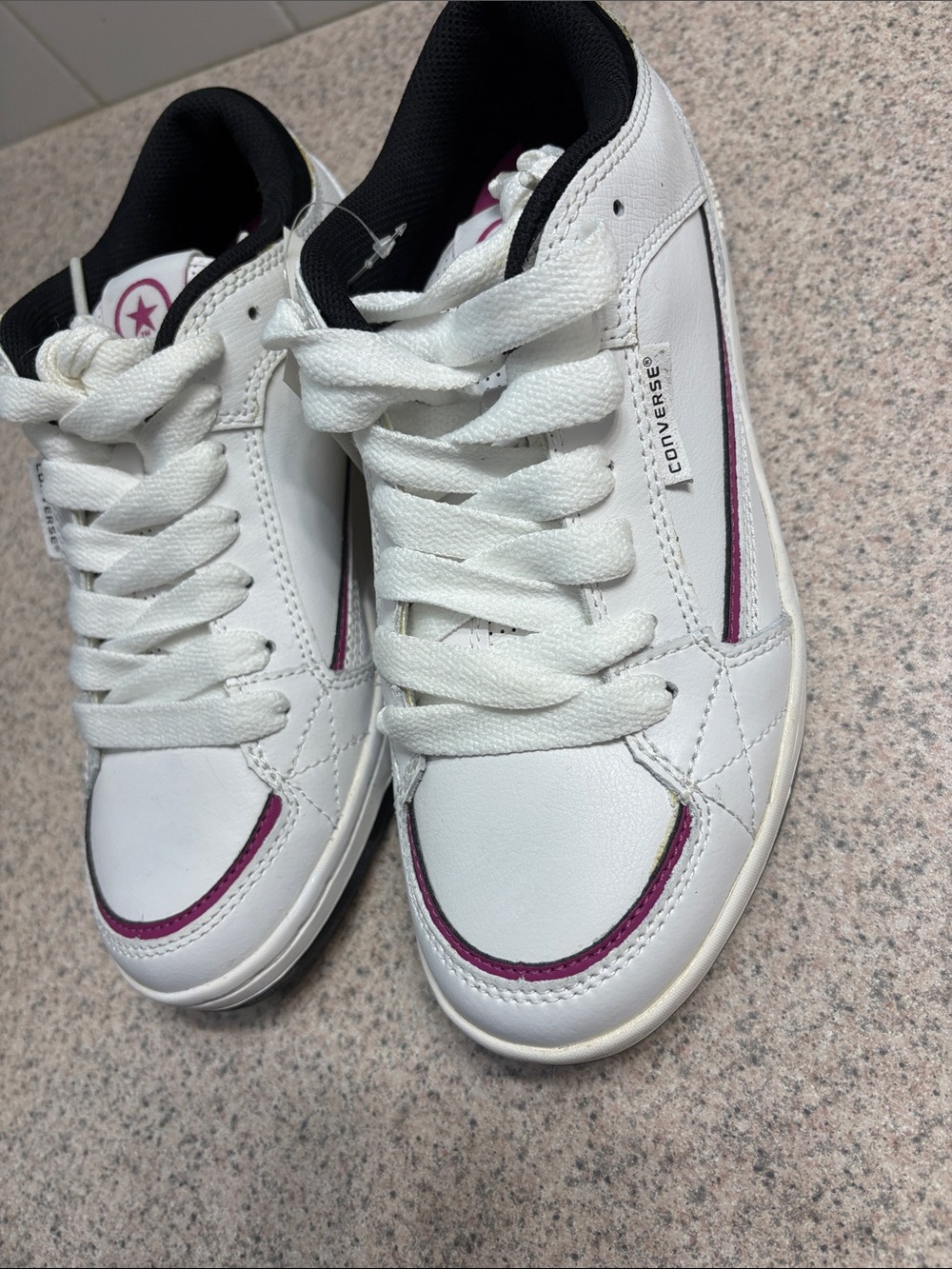 Converse White Leather Low-Top Sneakers with Purple Accents